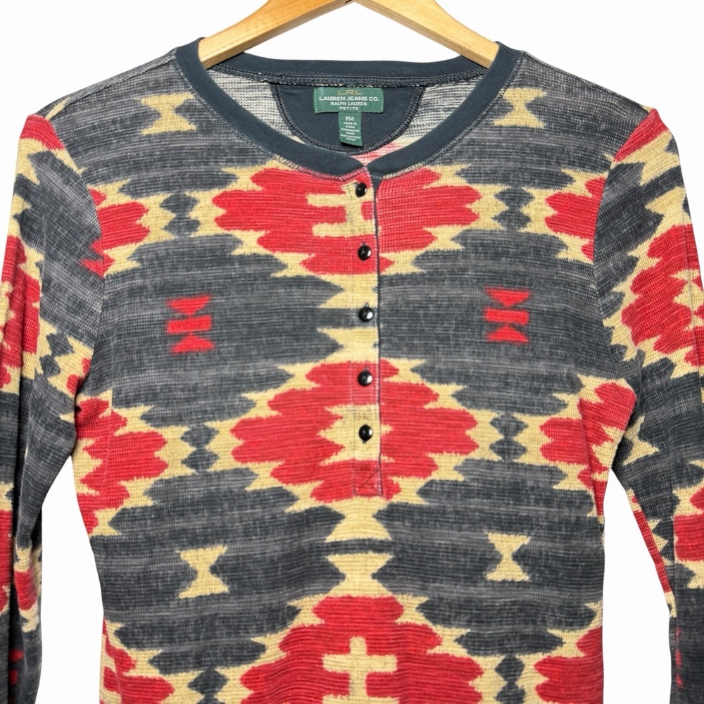 LRL Ralph Lauren Jeans Co Southwestern Aztec Print Thermal Henley Top Petite PM - Picture 8 of 10